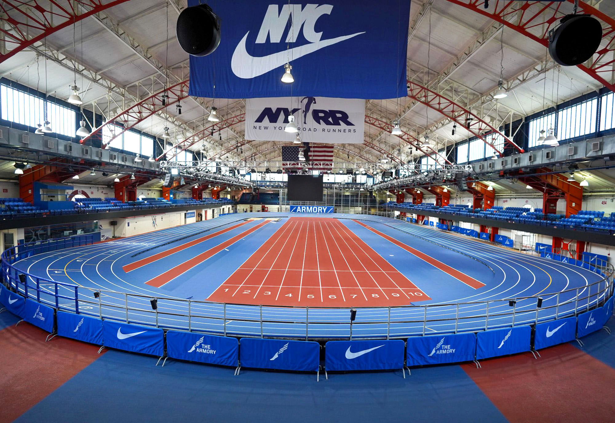Interior view of the completed NYC Armory indoor track and field facility