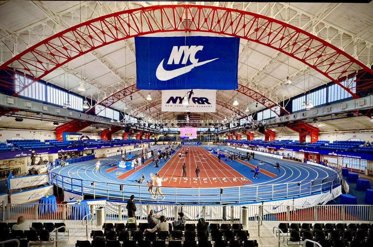 Interior view of the completed NYC Armory indoor track and field facility
