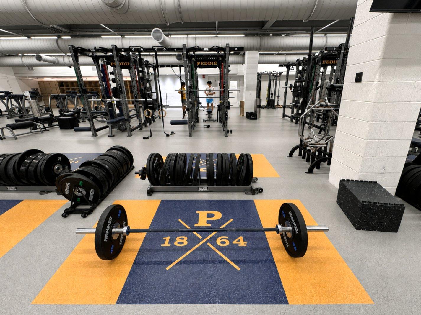 Auxiliary athletic training room with indoor turf sled lane, push sleds, dumbbell rack, and plyo box at Peddie School